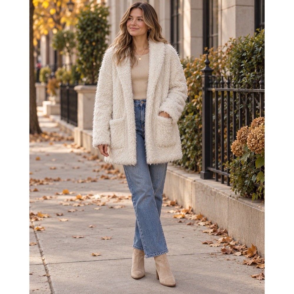Aerie Teddy Sherpa Coat Small Ivory Oversized Open Front Pockets